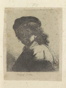 ベレー帽とネッカチーフの自画像、影の中にいる顔 Requeil de quatre-vingt-cinq estampes originales (シリーズタイトル) 作： Rembrandt van Rijn