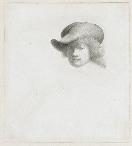 だらしなくかぶった帽子と加工されたマントを身につけた自画像 作： Rembrandt van Rijn