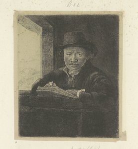 自画像、窓辺で描く Requeil de quatre-vingt-cinq estampes originales (シリーズタイトル) 作： Rembrandt van Rijn