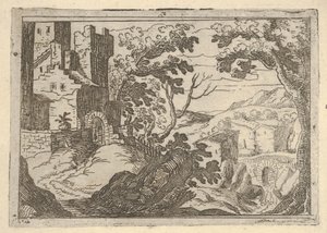 左に建物があり、右下に橋がある風景。 1620-50。