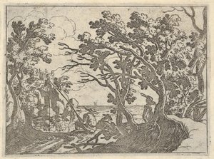 陸上の漁師と木の下の男性の見物人、船首の男の風景...、ca。 1620-50。 作： Remigio Cantagallina