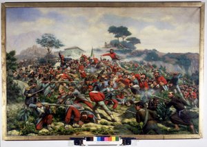 リソルジメント：ジュゼッペ・ガリバルディ（1807-1882）の部隊と対立するシチリア島のカラタフィミの戦い、千人には2つのシチリア王国の軍隊がいる、1860年5月15日、レミジオ・レガットの絵画。リソルジメント博物館（Museo del Risorgimento）。ミラノ 作： Remigio Legat