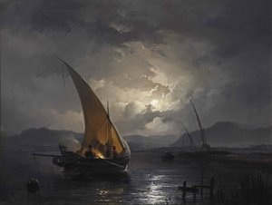 火の灯るヨットのある夜景