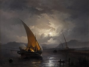 1860年以降、火が灯されている帆船のある夜の風景（帆布に油彩） 作： Remigius van Haanen