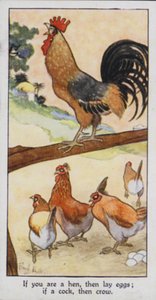 東洋のことわざ：鶏ならば卵を産め、鳥ならば鳴け（カラーリトグラフ 作： René Bull