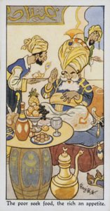貧しい人は食べ物を求め、豊かな人は食欲を満たす（カラーリトグラフ 作： René Bull