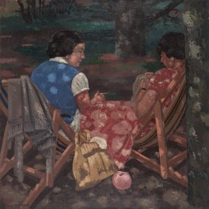 庭で編み物をする女性 作： René Fontayne