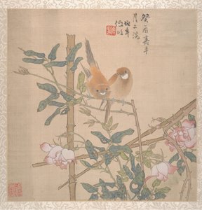19世紀後半の開花ローズブッシュに腰掛けた2羽の鳥。 作： Ren Yi
