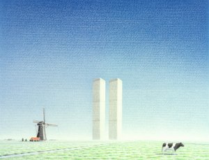 ツインタワー、2001年、紙に色鉛筆画