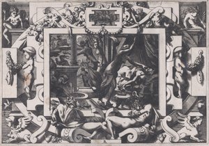 娘たちに殺されたペリアス 1563 年に彼の血を空にしようと勇気づけられた娘たちに同情した。 作： Rene Boyvin