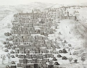 レネ・カイリー（1799-1838）が1824年から1828年の間に行った「中央アフリカからティンブクトゥまでの旅」の版画、マリ共和国のティンブクトゥの街並み 作： Rene Caillie