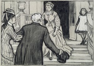 Vierailu, kuvitus Rene Boylesven La Jeune Fille Bien Eleveestä (mustavalkoisia liituja paperilla) 作： René François Xavier Prinet