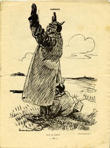 最前線で、あるドイツ兵は降伏したふりをし、別の兵士はそれを利用してコートの下で発砲します。 作： Rene George Hermann Paul