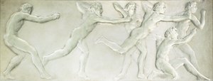 6人の裸の男性アスリートを描いた成形ガラスのフィギュアパネル、 作： Rene Jules Lalique