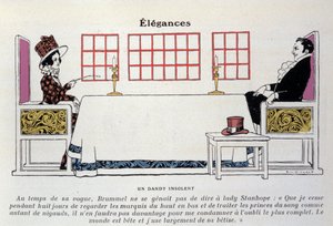 スタンホープ夫人の前に立つボー・ブランメル（ジョージ・ブライアン・ブランメル）（1778-1840）を表現したもので、彼は「ダンディ」という表現を生み、男性のファッションに重要な役割を果たした（リトグラフ