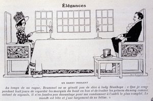 ダンディーズの王、ボー・ブランメルとして知られるジョージ・ブライアン・ブランメル（1778 - 1840）を表現したもの。ルネ・ヴィンセントによるイラスト。19世紀