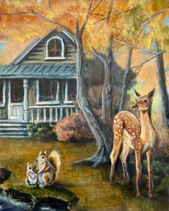秋の鹿とリス 作： Renee Machan Cottagecore Artist