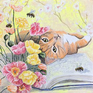 ポピーの花畑の猫 作： Renee Machan Cottagecore Artist
