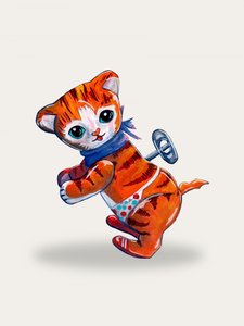 かわいいゼンマイ式の子猫 作： Renee Machan Cottagecore Artist