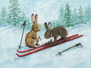 遊び心あふれるスキーウサギたち 作： Renee Machan Cottagecore Artist