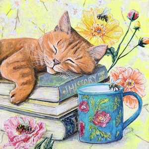 本に囲まれて眠る猫 作： Renee Machan Cottagecore Artist