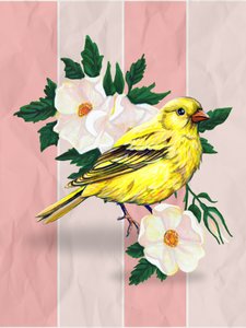 イエロー・バード・ワイルド・ローズ 作： Renee Machan Cottagecore Artist