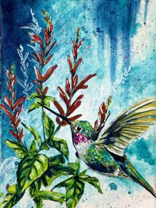 「ホバー」ハチドリとパイナップルセージの花　作：レニー・マチャン 作： Renee Machan Cottagecore Artist