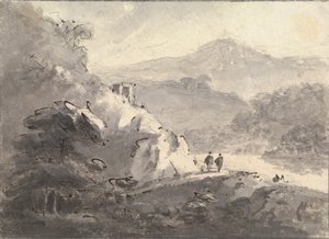 道路に二人の人物がいる風景 作： Rev. William Gilpin