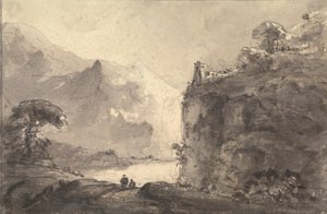 中央の小道に 2 人の人物がいる岩の多い風景 作： Rev. William Gilpin