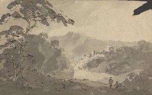 城、川、山の風景を眺める二人の男性 作： Rev. William Gilpin