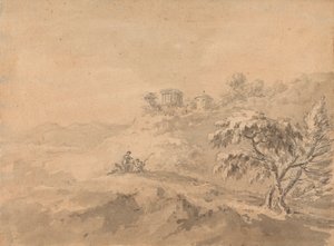 Dois homens em uma paisagem e um castelo em uma colina