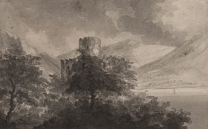 樹木が茂ったレイクランド城：カプリッチョ、1804年（紙にブラシとモノクロのウォッシュ） 作： Rev. William Gilpin
