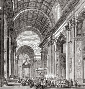 19世紀後半のイタリア、ローマ、バチカン市国のサン・ピエトロ大聖堂内部の行列。1890年頃に出版されたサミュエル・マニング師によるイタリアの写真より。