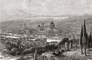 19世紀後半、サン・ミニアートのテラスから見たイタリア、トスカーナ州フィレンツェの風景。1890年頃に出版されたサミュエル・マニング師によるイタリア絵画より。 作： Reverend Samuel Manning