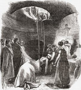 イタリア、ローマのカタコンベにある初期キリスト教の埋葬。1890年頃に出版されたサミュエル・マニング師によるイタリアの写真より。 作： Reverend Samuel Manning