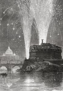 19世紀後半のイタリア、ローマ、サンタンジェロ城の聖ペテロのイルミネーションと花火大会。1890年頃に出版されたサミュエル・マニング師によるイタリアの写真より。 作： Reverend Samuel Manning