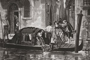 19世紀後半のイタリア、ヴェネツィア、大運河でゴンドラから降りる乗客たち。1890年頃に出版されたサミュエル・マニング師によるイタリアの写真より。 作： Reverend Samuel Manning
