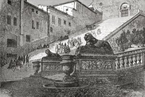 天の祭壇の聖マリア大聖堂に続く階段、19世紀後半のイタリア、ローマ。1890年頃に出版されたサミュエル・マニング師によるイタリアの写真より。 作： Reverend Samuel Manning