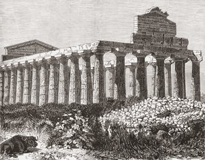 19世紀後半のイタリア、パエストゥムの神殿。1890年頃に出版されたサミュエル・マニング師によるイタリアの写真より。 作： Reverend Samuel Manning