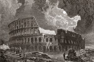 19世紀後半、月明かりに照らされたイタリア、ローマのコロッセオ。1890年頃に出版されたサミュエル・マニング師によるイタリアの写真より。 作： Reverend Samuel Manning