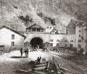 19世紀後半、イタリア側から見たヨーロッパアルプスのフレジュス鉄道トンネル。1890年頃に出版されたサミュエル・マニング師によるイタリアの写真より。