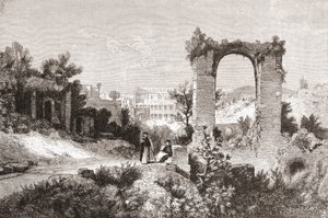 世紀後半のイタリア、ローマ、アヴェンティーノの丘からのパラティーノ。1890年頃に出版されたサミュエル・マニング師によるイタリアの写真より。 作： Reverend Samuel Manning
