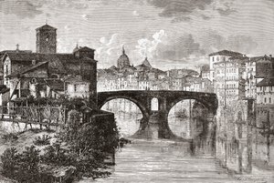 19世紀後半のイタリア、ローマ、ポンス・ファブリキウス（四つ橋）とテヴェレ島。1890年頃に出版されたサミュエル・マニング師によるイタリアの写真より。 作： Reverend Samuel Manning