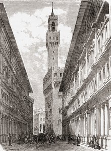 19世紀後半のイタリア、フィレンツェのウフィツィ美術館、ヴェッキオ宮殿、シニョーリア広場の彫像。1890年頃に出版されたサミュエル・マニング師によるイタリアの写真より。