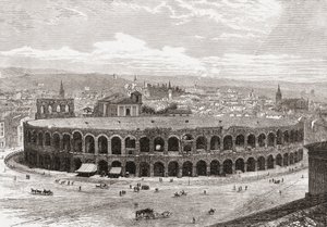 19世紀後半のイタリア、ヴェローナのアレーナ、ブラ広場。1890年頃に出版されたサミュエル・マニング師によるイタリアの写真より。 作： Reverend Samuel Manning