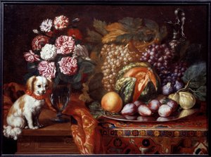 ドワーフ・スパニエルのある静物。 ルノー・ルヴューによる絵画は、レイノー・ルヴュー（c.1625-1690）と言った 作： Reynaud Levieux