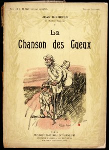 旅行用の結び目と靴を履き、ボロ布をまとった老人と少年が道を歩いている。フランスの詩人ジャン・リシュパン（1849-1926）のテキスト・詩集「La chanson des gueux」の表紙のためにリカルド・フローレス（1918年没）が描いたイラスト。 作： Ricardo Flores