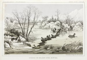 1854年1月6日、アメリカ・モンタナ州、ヘルゲート・リバーを渡る 作： John Pardon