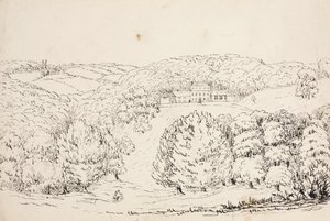 森の中の丘陵地に建つ建物の鉛筆スケッチ（南大西洋 作： John Pardon