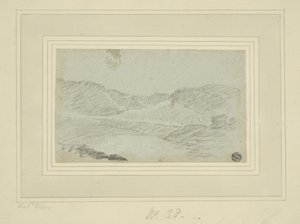 丘陵の風景（青い簀の紙に木炭、クリームの簀の紙に置いた（2層）） 作： Richard (attr.to) Wilson